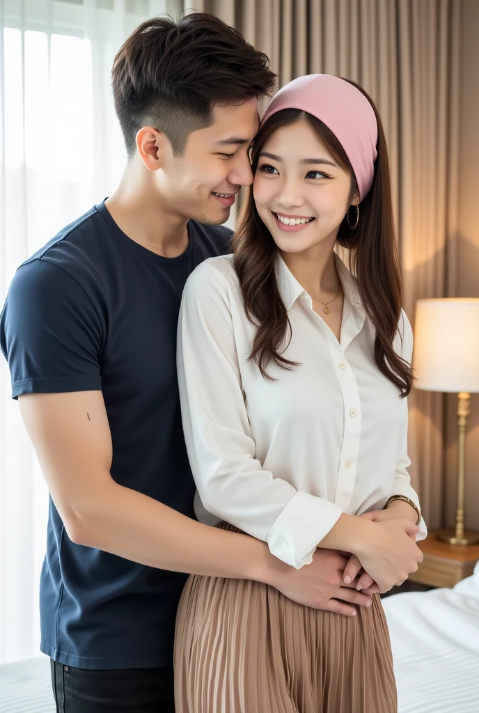 Tabletop, Highest quality, Attention to detail,A young man with a casual shirt and jeans-like hairstyle,Handsome face,While gazing lovingly at the girl in front of him。The girl was wearing cute pajamas.,Hair is soft、Flowing,Beautiful Features,He has a happy smile。The two were snuggling in the bedroom,The moonlight outside the window illuminated them.,Overall it's warm and romantic..。View from the side,The man hugged the girl tightly.,The expression is intense and affectionate,They are enjoying this wonderful moment。The overall image quality is delicate and clear,It looks like a high resolution photo,The texture of men and women and the texture of clothes are very realistic.4K、F cup breasts、Natural lip color、Nipples、Completely naked、Beautiful legs、Female organ、pubic hair、sexual behavior、sex
