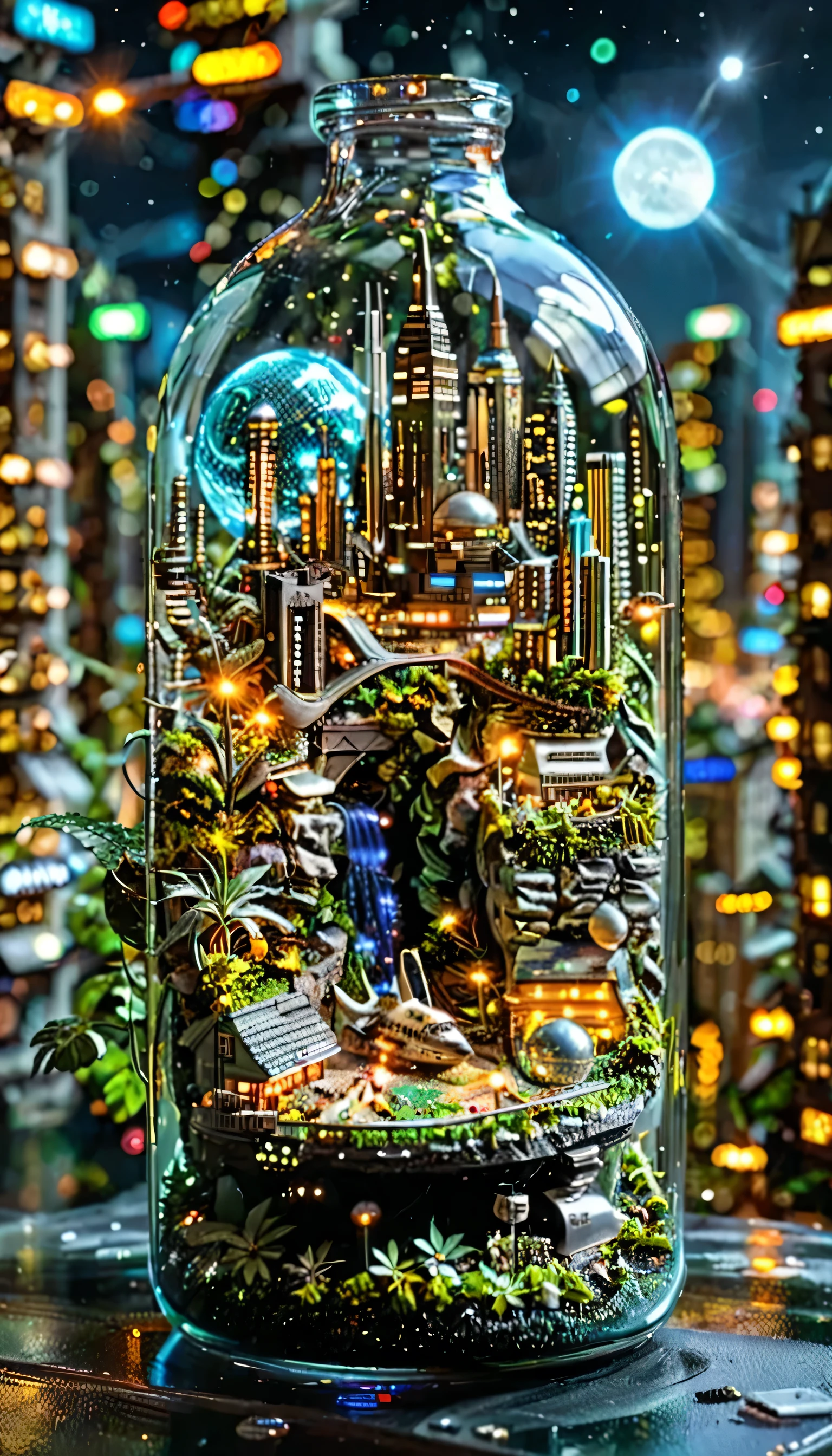  Floating Crystal City in Space: "(tilt-shift photography, masterpiece, superior quality, best quality), (ultra-detailed, absolute resolution), ((16k, high resolution)). A floating city made entirely of translucent crystal, hovering in space between glowing galaxies. Futuristic, geometric structures reflect light from nearby stars, creating a stunning scene. Small spaceships move between the towers, and hanging gardens of extraterrestrial plants are dotted around the city. around, a comet passing in the background and the silhouette of a nearby planet. The atmosphere must be futuristic and enchanting."