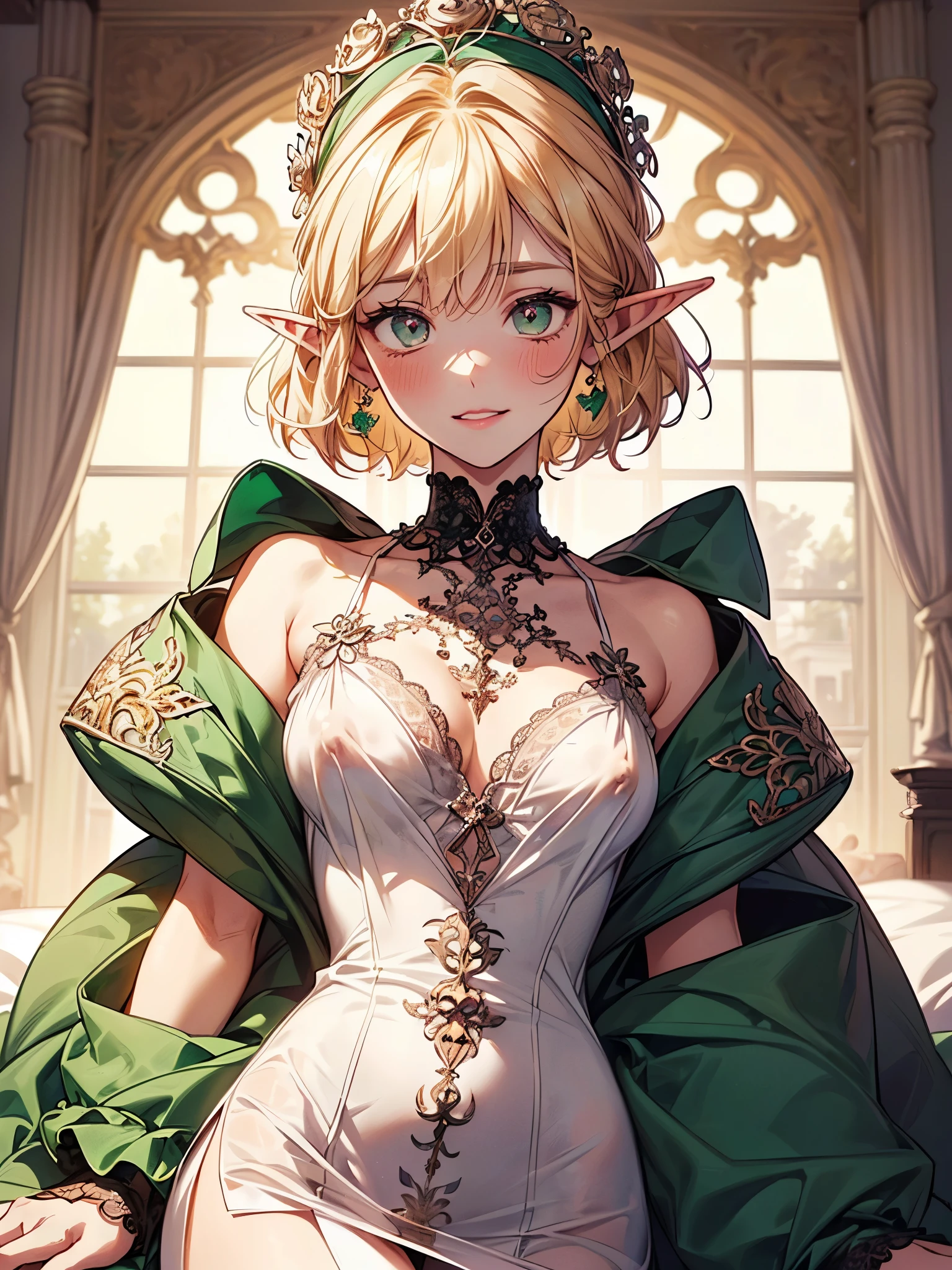 anime genshin impact, adult elf would be light-skinned with ponytail hair with light blonde hair and yellowish green eyes, with sexual clothes and a provocative, seductive look in bed.