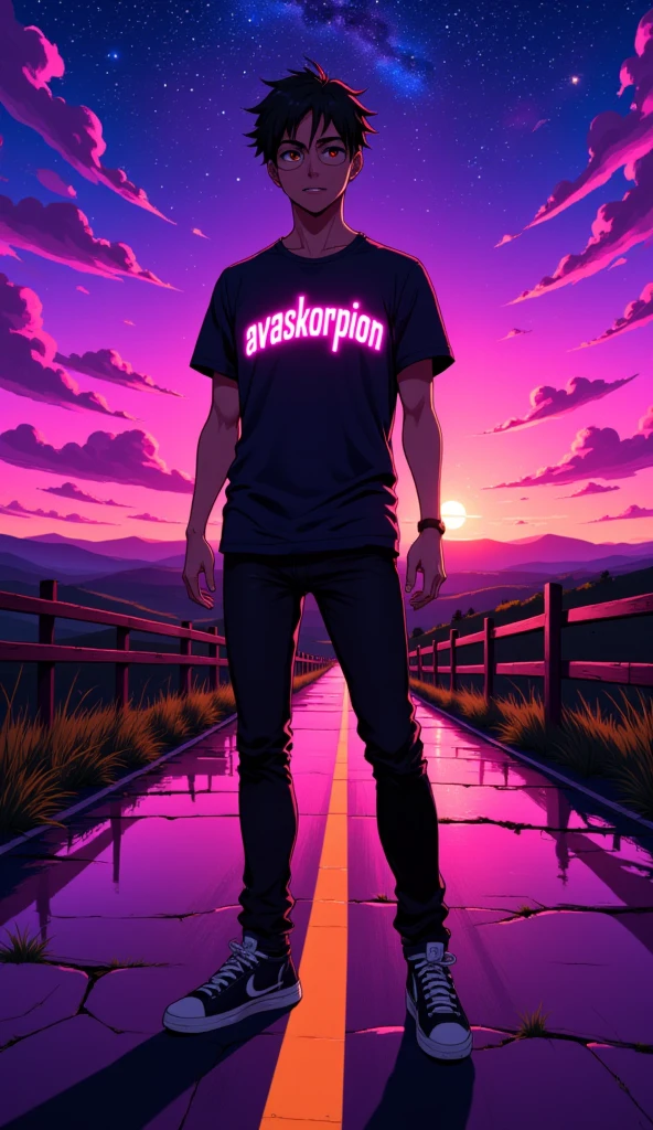 anime парень, road, fence, out of town  ,  Text on t-shirt  : AvasKorpion , neon, neonовый контур,, Night.anime, stands facing the camera,  стиль anime, 2d