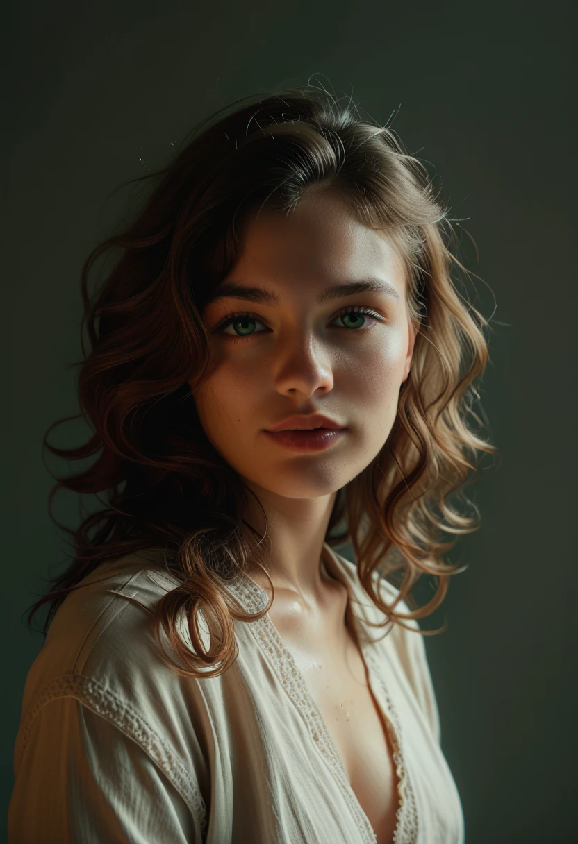 1girl, long wavy brown hair, captivating green eyes, detailed portrait, hyperrealistic, volumetric lighting, dramatic chiaroscuro, cinematic composition, oil painting style, muted color palette, dramatic expression, photorealistic, award-winning, 8k, best quality