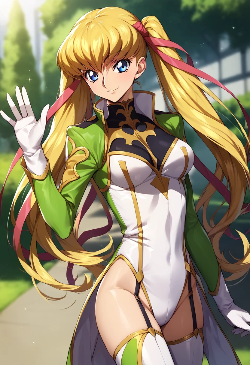 score_9, score_8_up, score_7_up, score_6_up, score_5_up, score_4_up, rating_questionable, , source_anime, digital illustration, pixiv, fanbox, uncensored, , BREAK, official art, 1girl, solo, female, monica kruszewski, blonde hair, blue eyes, hair ribbon, medium breasts, twintails, ribbon, military uniform, leotard, highleg leotard, garter straps, thighhighs, gloves, waving, outdoors, light smile, blush, cowboy shot, looking at viewer,
code geass	