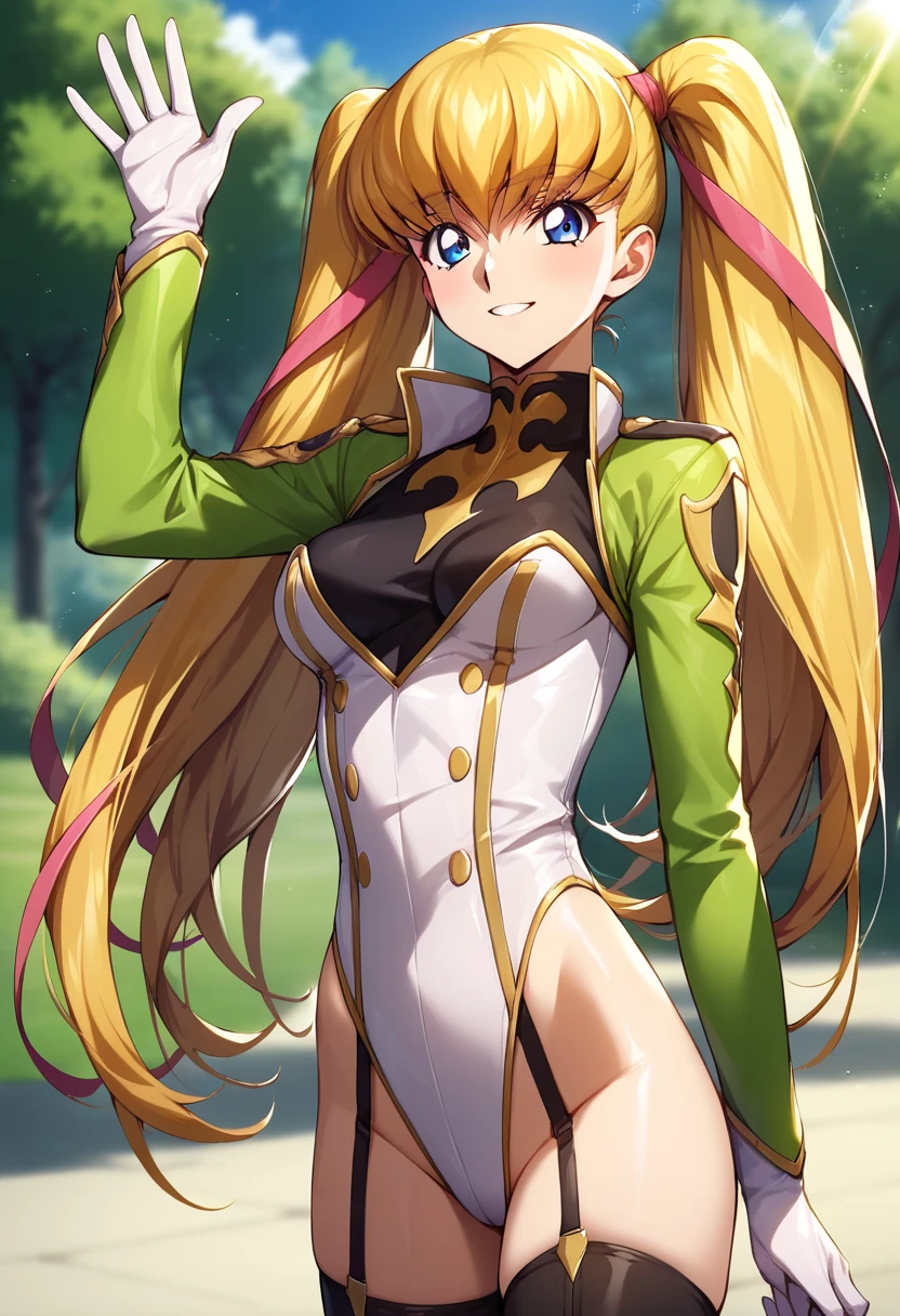 score_9, score_8_up, score_7_up, score_6_up, score_5_up, score_4_up, rating_questionable, , source_anime, digital illustration, pixiv, fanbox, uncensored, , BREAK, official art, 1girl, solo, female, monica kruszewski, blonde hair, blue eyes, hair ribbon, medium breasts, twintails, ribbon, military uniform, leotard, highleg leotard, garter straps, thighhighs, gloves, waving, outdoors, light smile, blush, cowboy shot, looking at viewer,
code geass	