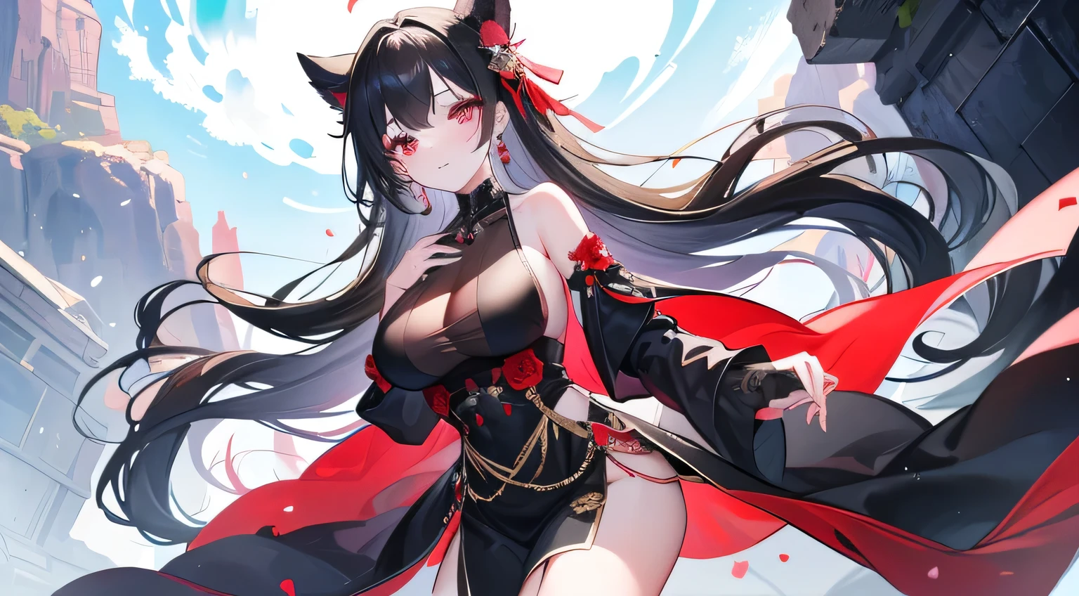 (((best quality))), ((ultra-detailed)), ((an extremely delicate and beautiful)), ((16k)), realistic, hd, cgi, gleaming hair, gleaming skin, gleaming dress, Character focus, solo, stylish pose, strong light coming in, sharp focus, illustration, game cg, anime, solo, curvy, (big breasts:1.3), forehead, ( Chinese Lace Up Cheongsam Open Chest Bodycon Dress High Slit Qipao mini), faste collarbone, (belly:0.9), standing, leaning forward, hand reaching out, looking at viewer, ocean, flower hair ornament, accessories, backlighting, shiny skin, shiny body, chibi, gloves, necklace, jewelry, black-brown hair, bead necklace, red faded into black colored hair, brown eyes, long hair, black bunny ears, red ubre hair, red black hair, more red hair streaks, smaller dress, sitting