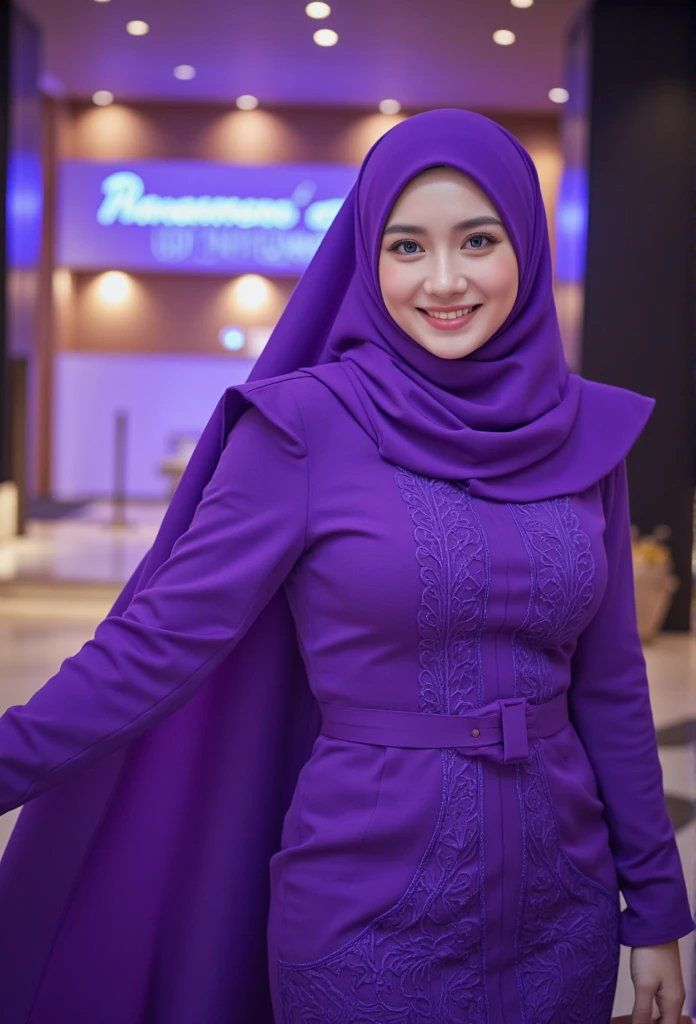 Malay hijab woman, blue eyes, hijab, voluptuous body,happy face, huge breasts, sagging breasts,((gigantic breasts, firm and round breasts),dr3ss, long sleeves,purple dress, long dress, modern, highly detailed, extremely sharp focus, beautiful, intricate, cinematic, stunning, surreal, iconic, fine light, epic composition, ambient background, enhanced quality, very inspirational, bright colors, inspired, amazing, noble, thought driven, fancy, artistic, positive, marvelous, full, perfect, pretty, attractive, cute, best, dramatic, romantic, illuminated, deep color, fashionable, professional, radiant, loving, smart, determined, passionate, elegant, vibrant, lovely, futuristic