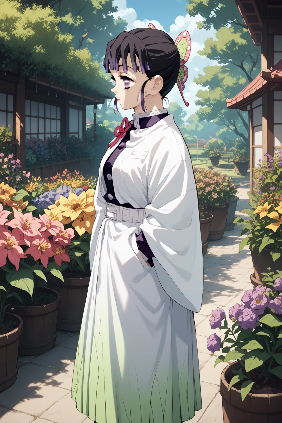 1girl, solo, kanao Tsuyuri, kimetsu no yaiba, stands in the garden of flowers, 