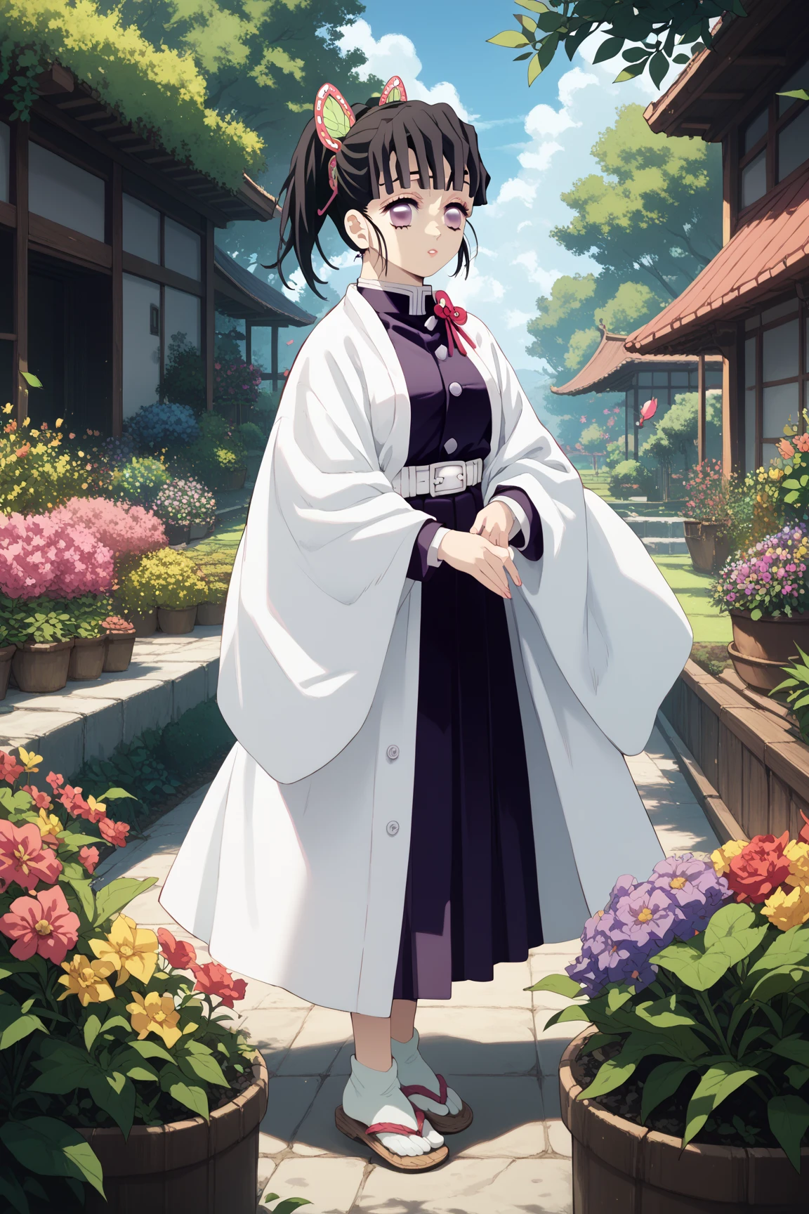 1girl, solo, kanao Tsuyuri, kimetsu no yaiba, stands in the garden of flowers, 