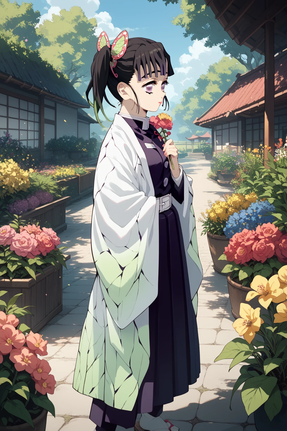 1girl, solo, kanao Tsuyuri, kimetsu no yaiba, stands in the garden of flowers, 