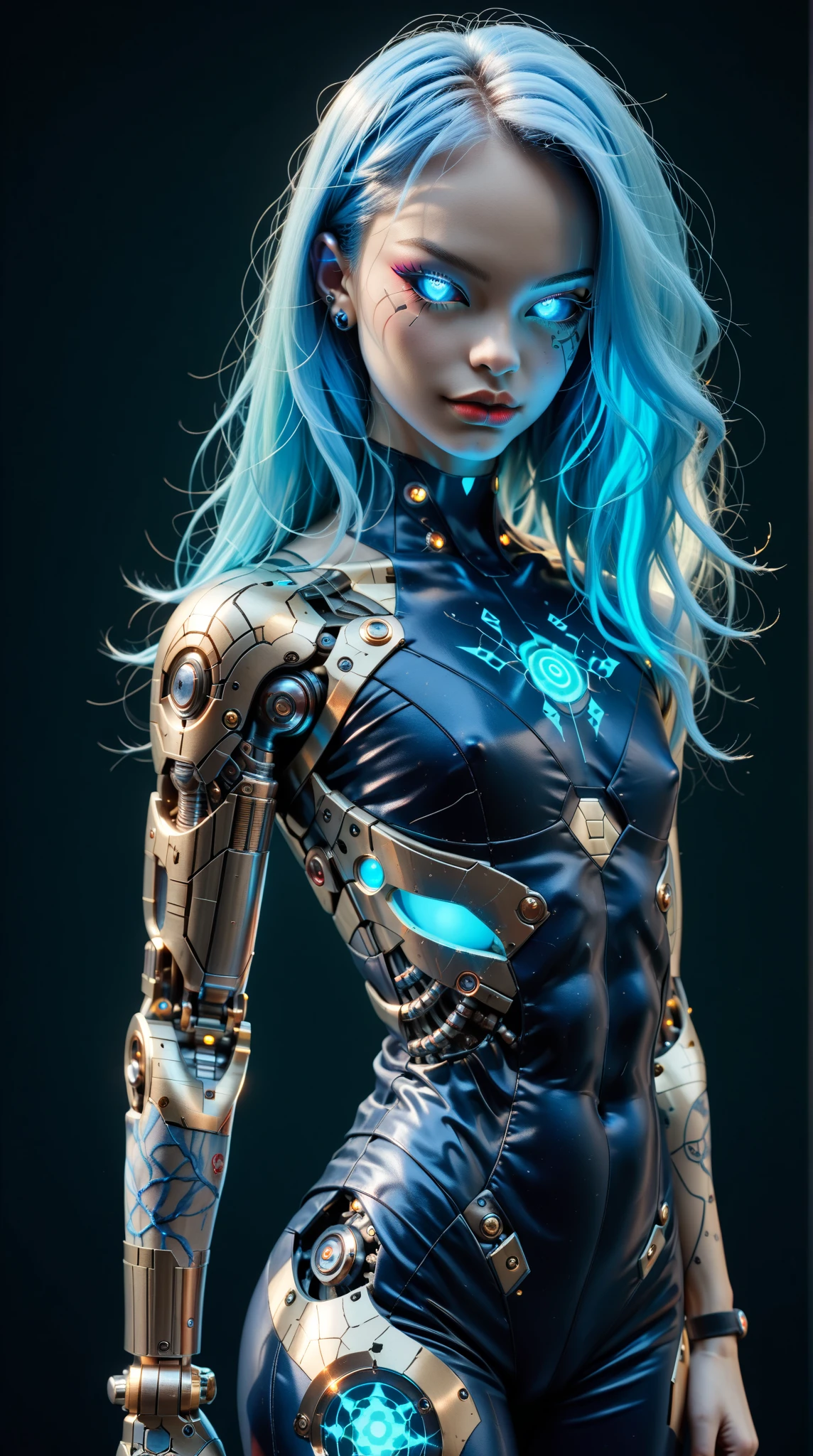 score_9, score_8_up, score_7_up, (Three quarters Shot), (1 girl), (asian), beautiful teenage (skinny) muscular goth cyborg girl, (full Cybernetic bodysuit:1.5), (black sclera:1.5), (blue glowing eyes:1.5), (blue glowing body veins:1.5), (flat chest:1.25), (blue glowing hair:1.25), (beautiful face:1.25), (bodybuilder femboy physique:1.25), (skinny long legs:0.75), (intricate gold filigree:1.25), bimbo lips, cowboy shot, cybernetic, mechanoid body parts, exposed cables and circuits, neon lights, gothic neon style, cyber punk style, super realistic image, beautiful digital paint , hyper Realistic illustrations, CyberRealistic_Negative_PONY-neg,CyberRealistic_Negative_PONY