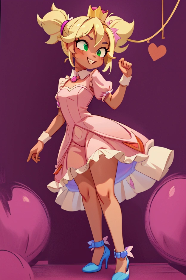 (Masterpiece, best quality) Mandy brawl stars, 1 girl, standing indoors with intricate details and sunlight, magenta and white frilled dress with short neckline, purple high heel shoes, crown in head, blonde medium long  hair, two ponytails, green eyes, blue, dark brown skin, sexy smile, bad girl, confidense attitude, teeth showing, sexy pose, coquette, beautiful long legs, mature teen girl, gorgeous body, pronounced breasts.