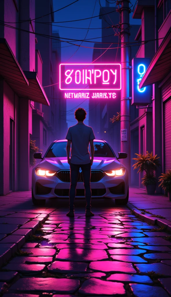 anime парень, road, sidewalks , city ,  Neon text on a  : AvasKorpion , neon, neonовый контур,, Night.anime,  stands in front of the camera ,  стиль anime, 2d,  t-shirt sits in front of the BMW car's soot