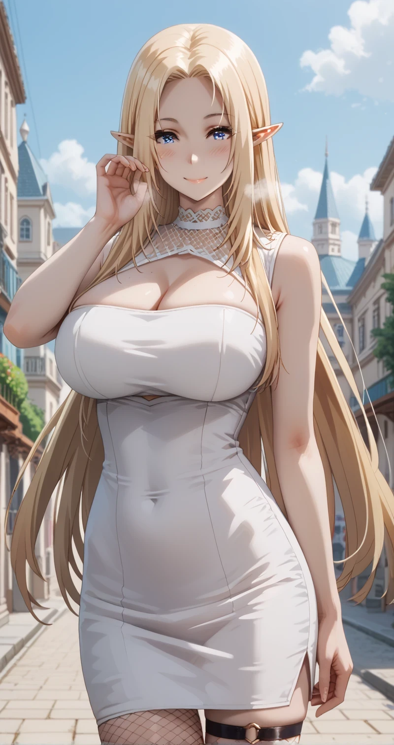 Tall girl, Fit girl,score_9, score_8_up, score_7_up, score_6_up, uncensored,, 1girl, alpha, elf, long hair, blue eyes, blonde hair, pointy ears, huge breasts and a beautiful ass, Tall girl, Fit girl, (cowboy shot:1.2),(thigh gap:1.2), ruanyi1111,cleavage cutout,sleeveless dress,pencil dress,fishnets,white dress, outdoors, standing, smile, blush, heavy breath, sensual pose 