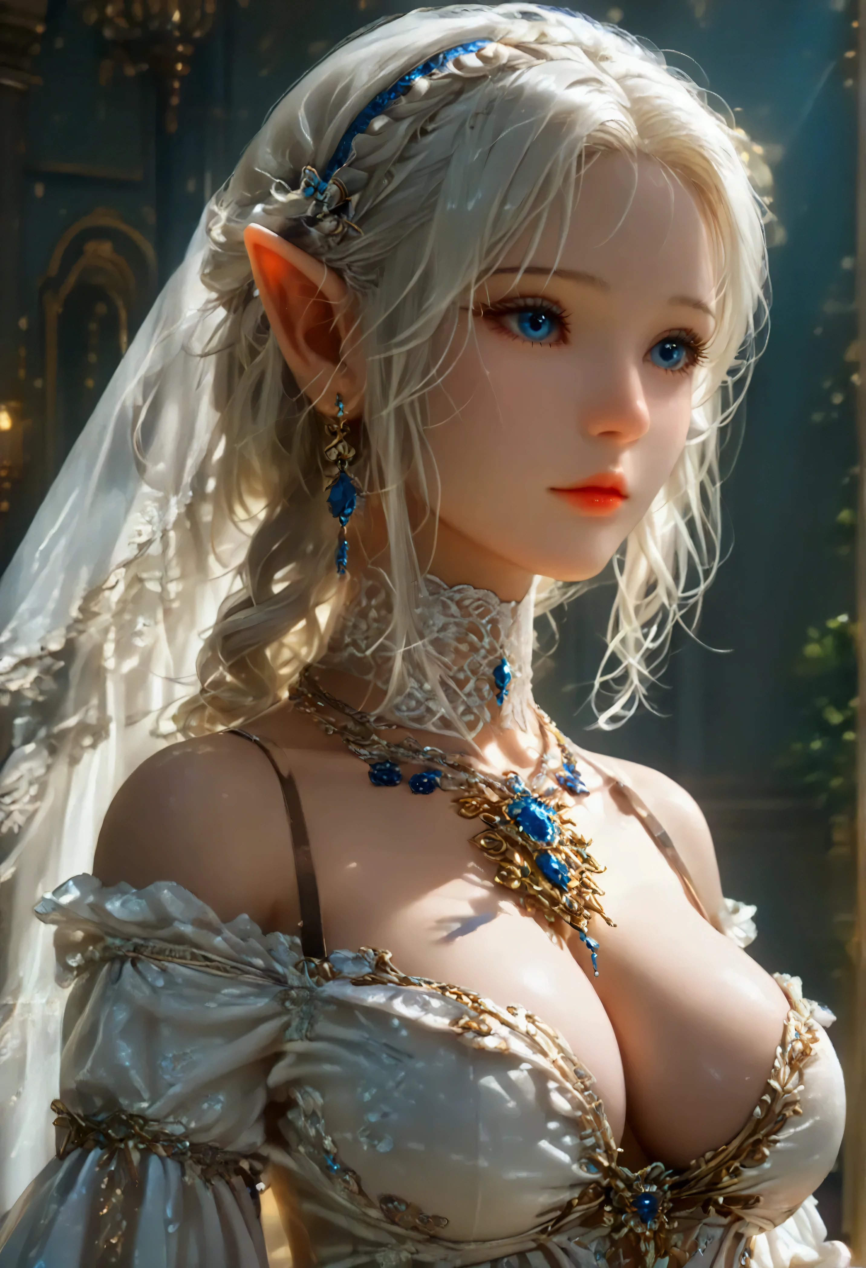 (8k, top quality, Masterpiece , Final Fantasy Style: 1.2),Atmospheric perspective, 8K, Very detailed, Accurate, Highest quality, masterpiece, Very detailed,Sharp focus, High resolution, fullbody shot of a female bard elf, (fullbody:1.5), (nudity:1.7), Complex, Narrow Face, elegant, (full body, Wearing a sapphire necklace, wearing White lightweight dress with straps, wearing Luxuriously embroidered velvet long skirt, wearing beautifully decorated footwear:1.5), ((large breasts:1.2), (huge breasts:1.2), (Uplifted and well-defined bust:1.2), (lifted chest:1.2), (perky breasts :1.2),(deep cleavage:1.4),(nudity, exposing beasts:1.5)) and a huge waist, (sexy long legs, whole body picture:1.5), ((upper body naked, nudity, exposing beasts:1.5)), To the camera, Very detailed, Digital Painting, Art Station, Concept Art, Smooth, Sharp focus, figure, ArtJam, Greg Rutkowski, Art by Alphonse Mucha, 8K, Volumetric Fog, bloom, light, lumen, Crank blur, she is sitting on a sitting on the couch and playing the harp in a hallway lined with richly decorated stone pillars, she is playing a little harp