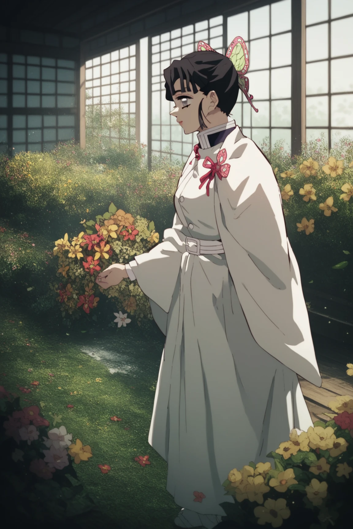 1girl, solo, kanao Tsuyuri, kimetsu no yaiba, stands in the garden of flowers, 