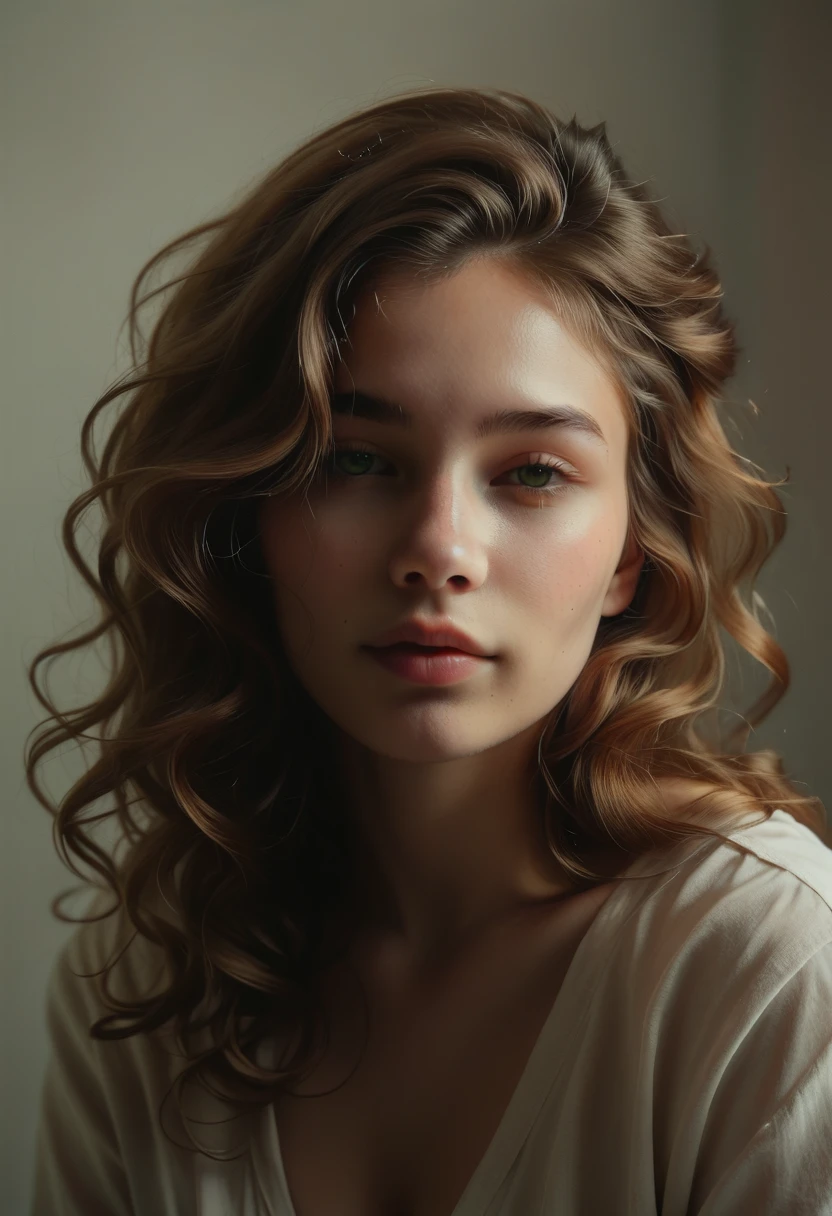 1girl, long wavy brown hair, captivating green eyes, detailed portrait, hyper realistic, volumetric lighting, dramatic chiaroscuro, cinematic composition, oil painting style, muted color palette, dramatic expression, photorealistic, award-winning, 8k, best quality