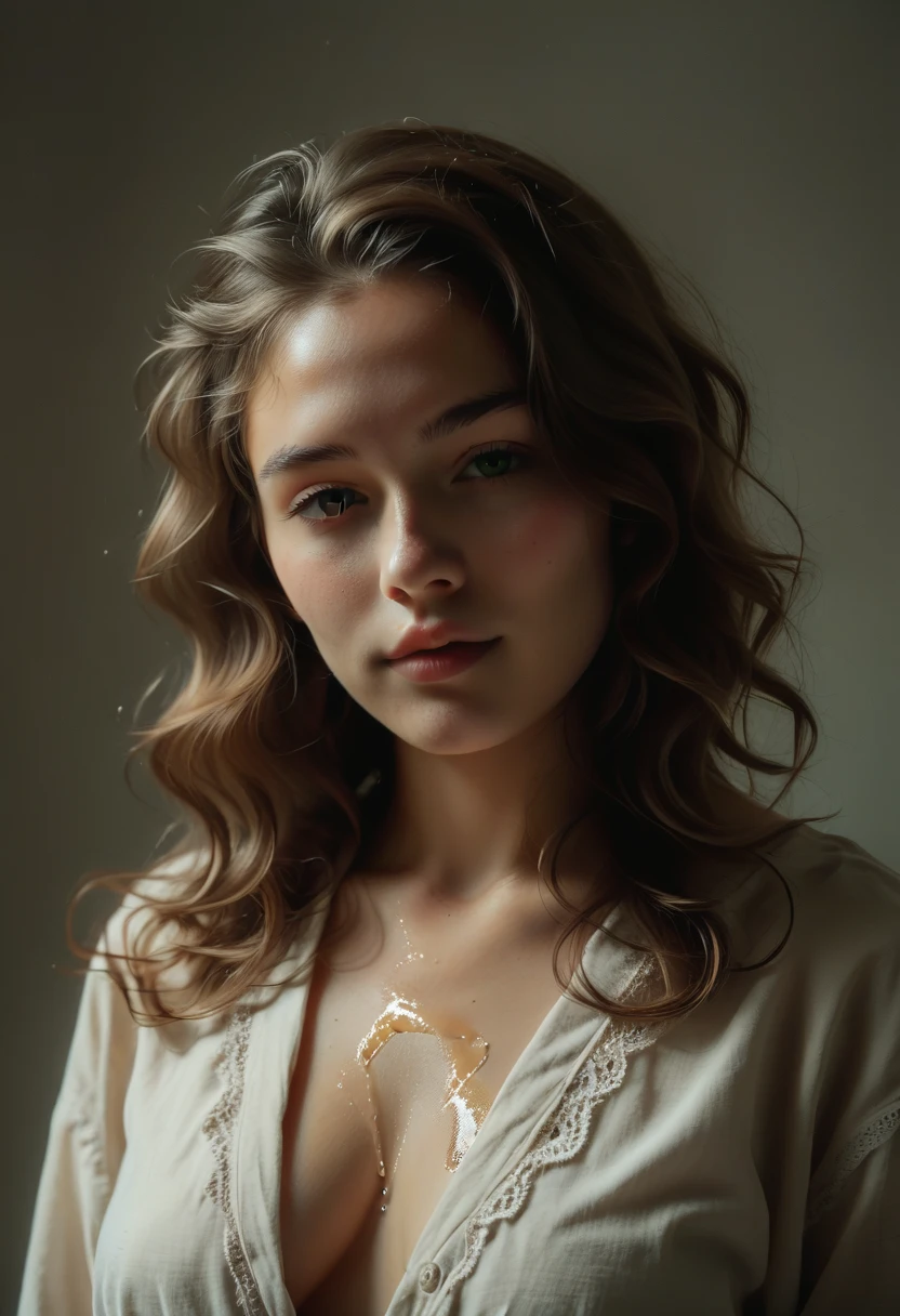 1girl, long wavy brown hair, captivating green eyes, detailed portrait, hyper realistic, volumetric lighting, dramatic chiaroscuro, cinematic composition, oil painting style, muted color palette, dramatic expression, photorealistic, award-winning, 8k, best quality