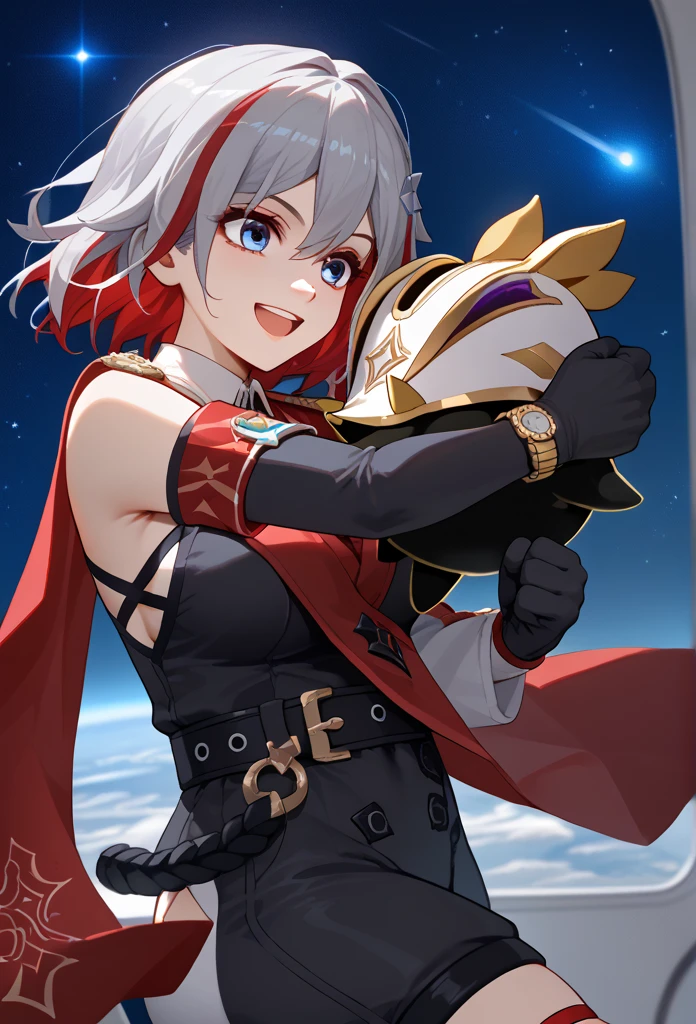  score_9,  score_8_up,  score_7_up,  source_Anime,  1 girl , ,  blue eyes, Red Hair,  white-haired, Grey Hair, multicoloRed Hair,  Bicolor Hair ,  striped hair, Colored inner hair,  shorthair,  hair ornament ,  Big Breasts , Bare Skin,  detached sleeve, gem,  white shirt,  colored shirt ,  clevis,  button gap ,  clevis cutout,  clothes cutout , Covered navel,  Black Gloves , elbow gloves, black belt,  black shorts ,  hip vent,  thigh strap to hide one ear, Mole on thigh,  red cloak, side cape ,  standing, the smell of topaz ,Topaz is a monkey fist wielder , Topaz is steeped in the smell of fighting , Topaz is learning martial arts self-defense techniques ,Topaz is in a normal posture , Topaz learned to fight from an early age , Topaz was raised by Irene in Virtua Fighter 5 to become a monkey fist, smile,  open mouth,  watch viewers, Wavy, hands on ,  portrait, close-up, indoor,  Space Station , Spaceship, starry null, star \(null\), moon, Namby, pig, animal, 