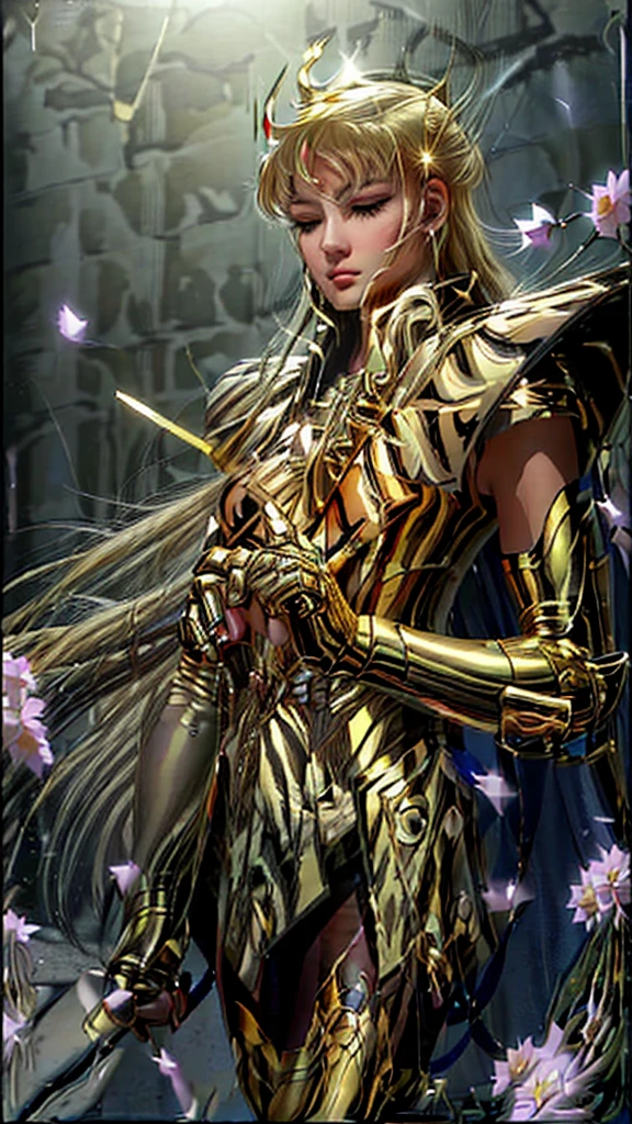 a close up of a woman in a gold armor holding a sword, angelic golden armor, gold heavy armor. dramatic, portrait knights of zodiac girl, knights of zodiac girl, gilded lotus princess, golden armor, wearing gold armor, ((a beautiful fantasy empress)), gold armor, sleek gold armor, light gold armor, gold paladin, wearing golden armor