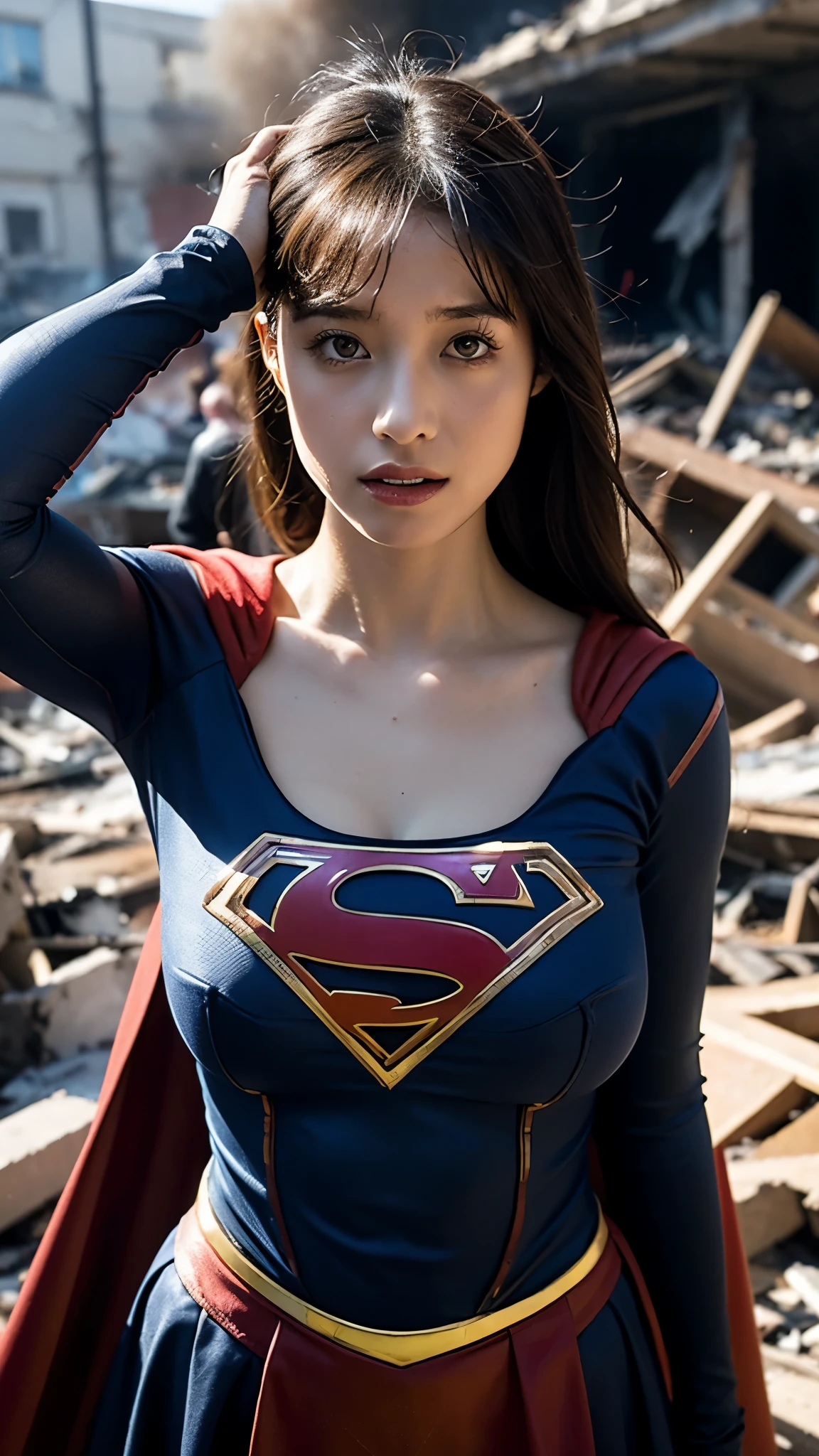 Immist view,masterpiece, best quality, high detailed, Extremely Realistic, beautiful girl wearing supergirl costume ,Dark brown hair,Sad expression,On the ruined street of the building,clothes torn during battle,skirt