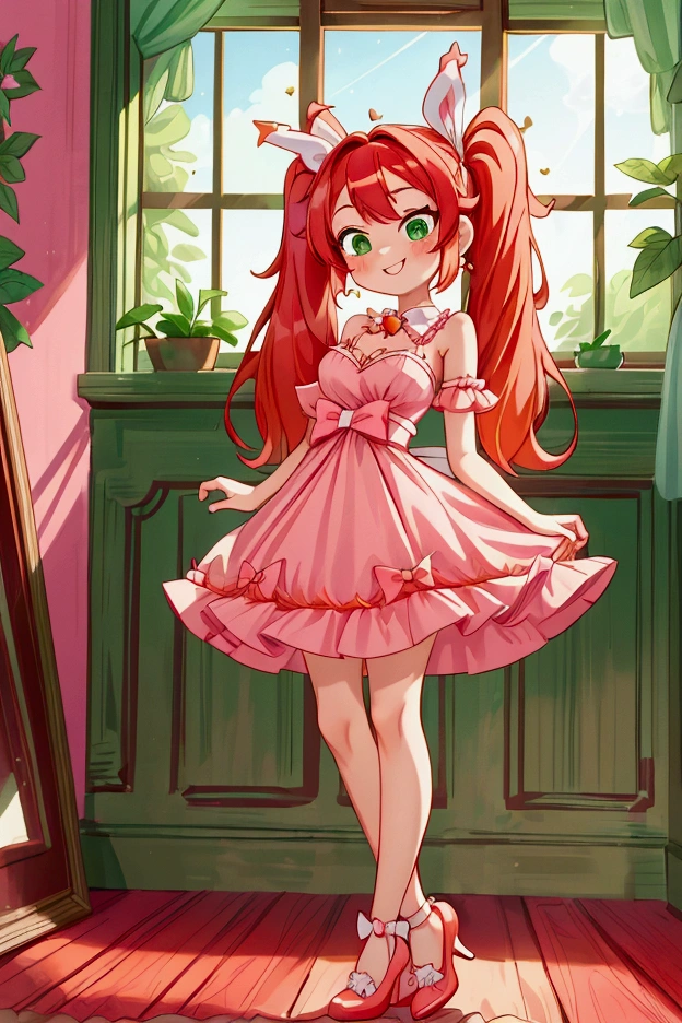 (Masterpiece, best quality) standing indoors with intricate details and sunlight, 1girl, red hair, twintails, green eyes, hair bow, pink and white frilled dress with short neckline, orange heels shoes, Mischievous smile,sexy pose, coquette, beautiful long legs, teen girl, gorgeous body, pronounced breasts.
