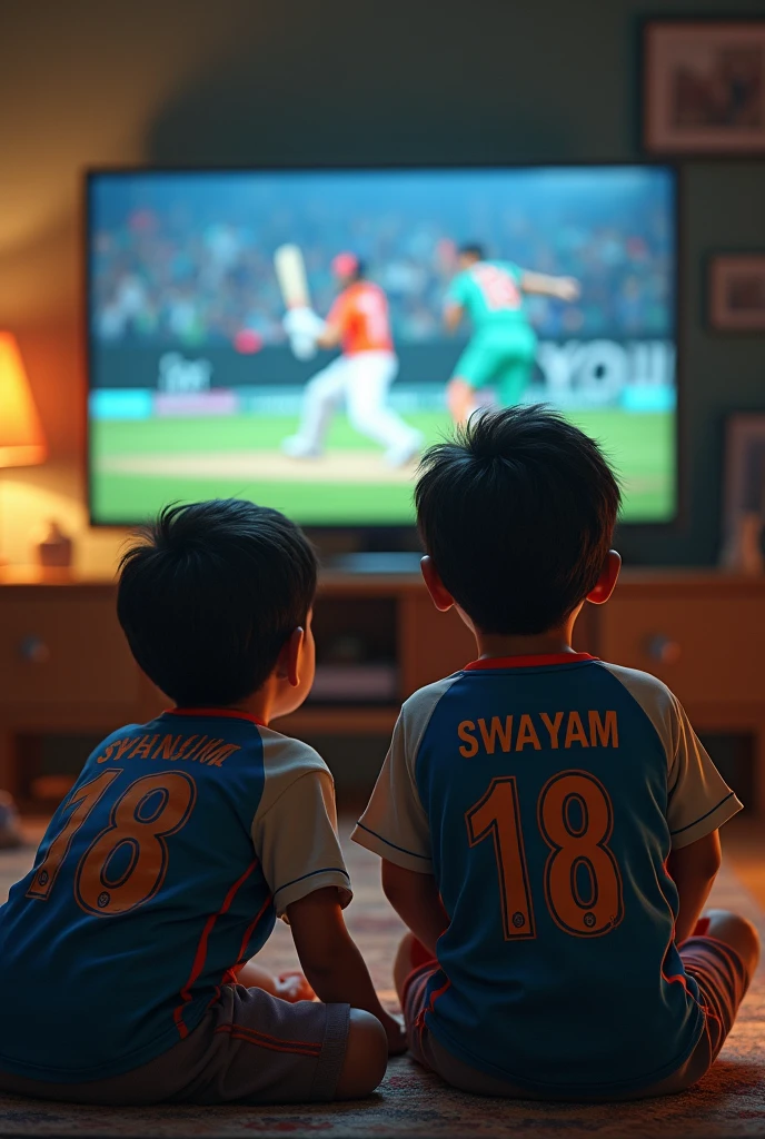 Create an image in which two boys had were 'indian blue' 
' jersy and on the jersy printed name is 'Neel' jersy no. Is '50' and 'Suyash' jersy no. Is '21'respectively they are sitting on the floor and watching 'CSK' match in LED tv
