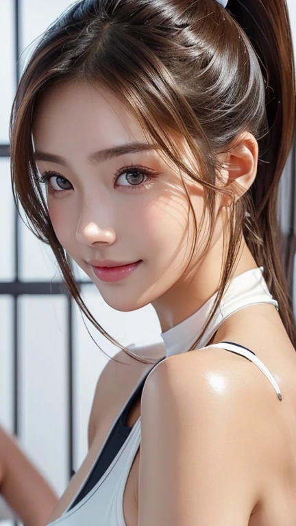 Latex bodysuit、Knee-high boots、Huge 、Long brown hair、Japanese Gravure Idol、Shiny, Oily skin、Glowing Skin、Indoor competition pool、White skin、Beautiful woman、Body Portrait、32K、Beautiful and beautiful eyes、Dindal effect、masterpiece、最high quality、high quality、High resolution、Very detailed photos、(Natural skin texture、Fine skin、Hyperrealism、Ultra Sharpness)、Skin with attention to detail 、(Very fine、Fine skin texture、Intricate details、Beautiful Face、Japanese Idols、(A vivid face)、Realistic eyes、Beautiful and detailed、Training in the fitness gym、Wearing training wear:1.3,ponytail、Realistic Skin、Beautiful Skin、glamorous、Glowing Skin、Greasy muscle 、Daytime、surreal、Very detailed、Golden Ratio、Smiling Eyes、Body Portrait、Full Body Shot:1.5