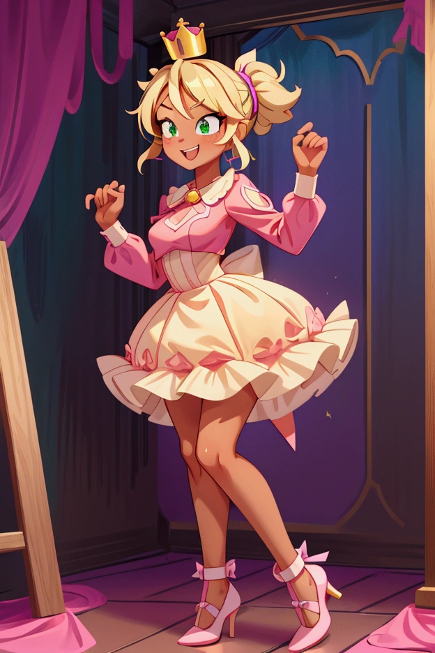 (Masterpiece, best quality) Mandy brawl stars, 1 girl, standing indoors with intricate details and sunlight, magenta and white frilled dress with short neckline, purple high heel shoes, crown in head, blonde medium long  hair, two ponytails, green eyes, blue, dark brown skin, sexy smile, bad girl, confidense attitude, teeth showing, sexy pose, coquette, beautiful long legs, mature  girl, gorgeous body, pronounced breasts.