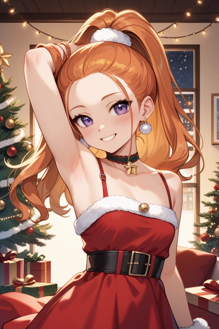 dqbbra, 1girl, orange hair, high ponytail, long hair, purple eyes,  small breast,
earrings, jewelry, cute, NSFW,
Christmas costume, soft smile, subtle blush, twinkling lights, cozy indoor setting, warm color tones, elegant pose, charming expression, 