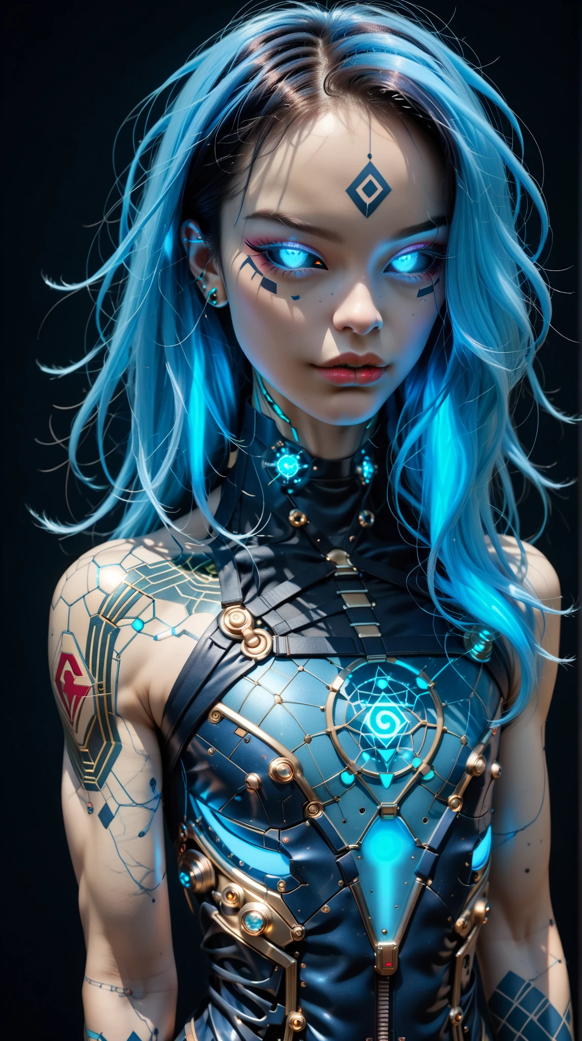 score_9, score_8_up, score_7_up, (Three quarters Shot), (1 girl), (asian), beautiful teenage (skinny) muscular goth cyborg girl, (full Cybernetic bodysuit:1.5), (black sclera:1.5), (blue glowing eyes:1.5), (blue glowing body veins:1.5), (flat chest:1.25), (blue glowing hair:1.25), (beautiful face:1.25), (bodybuilder femboy physique:1.25), (skinny long legs:0.75), (intricate gold filigree:1.25), bimbo lips, cowboy shot, cybernetic, mechanoid body parts, exposed cables and circuits, neon lights, gothic neon style, cyber punk style, super realistic image, beautiful digital paint , hyper Realistic illustrations, CyberRealistic_Negative_PONY-neg,CyberRealistic_Negative_PONY