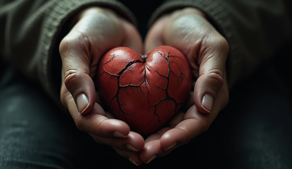 Create some hands holding a realistic human heart. Black background. Renaissance style.