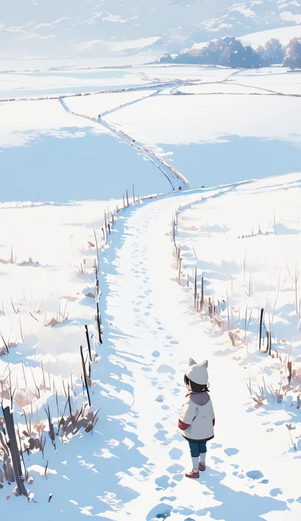  snowy fields 、Footpath、(((Fox footprints 、非常に正確なFox footprints :1.37)))、女の子かFox footprints を眺める、 cute girl、Knitted hat、Mittens、Footprints of girls 