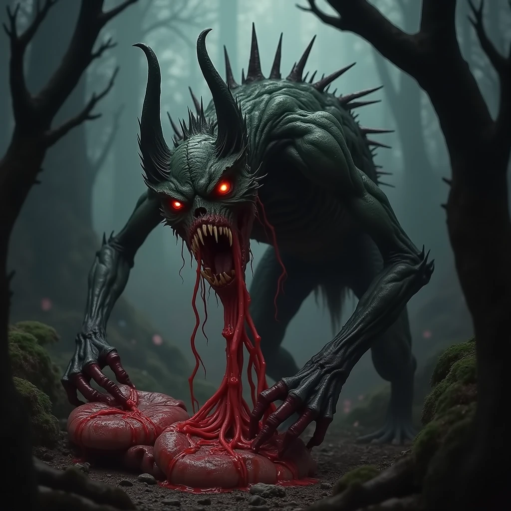 A frightening image that depicts gruesome and bloody abominations. Deformed and monstrous creatures, with twisted limbs and distorted faces, are the highlight of this gruesome composition. The environment around them is steeped in blood, exposed guts and an atmosphere of inescapable terror. This picture plunges viewers into a world of nightmares and unspeakable horrors --auto --s2