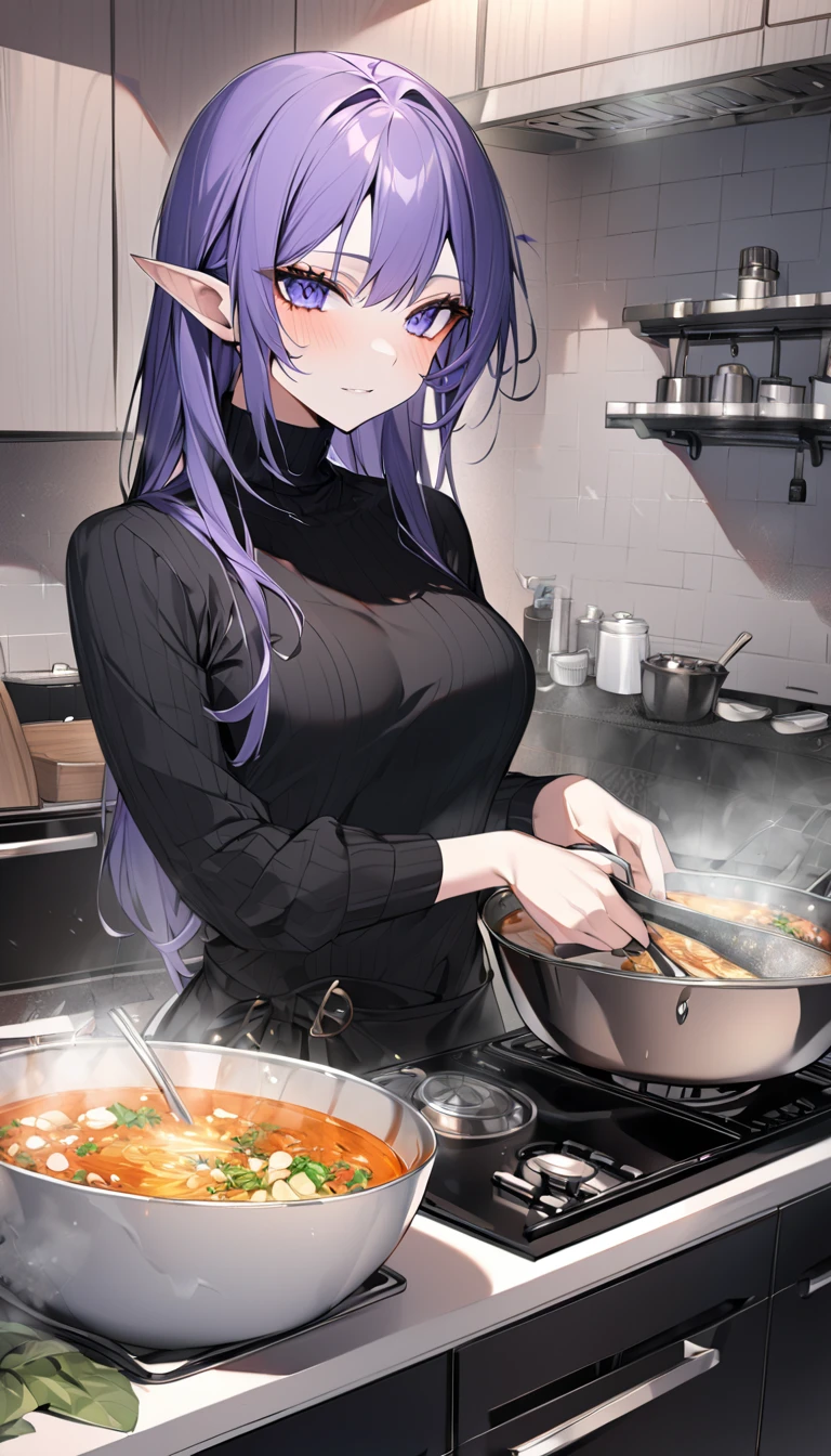 Super detail beautiful elf-girl 25 years old,black turtle neck slevee,in the kitchen,cooking for dinner,cooking soup,Score_9, Score_8_up, Score_7_up, Score_6_up, Score_5_up, Score_4_up, Source_anime, Tag1, Tag2, Quality_masterpiece, Anatomically correct, Beautiful face, Perfect face, Highly detailed beautiful face and eyes, Attractive face, Detailed face, Delicate facial features, Detailed skin, medium breasts, Wide hips,  