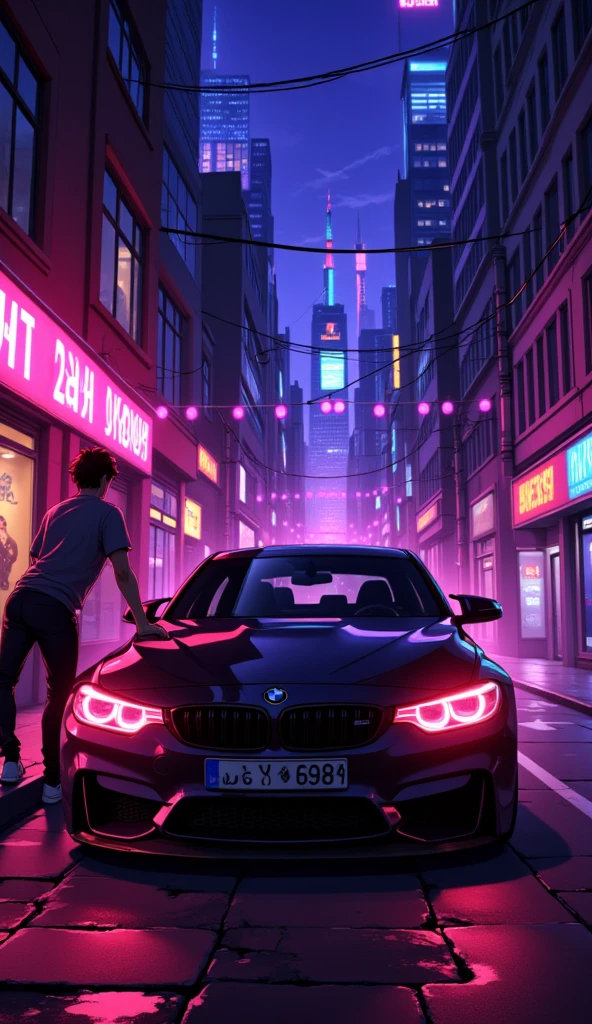 anime парень, road, sidewalks , city,  Neon text on a t-shirt : AvasKorpion , neon sneakers ,  neon outline,, Night.anime, stands facing the camera,  стиль anime, 2d,  the guy leaned on the hood of a BMW car