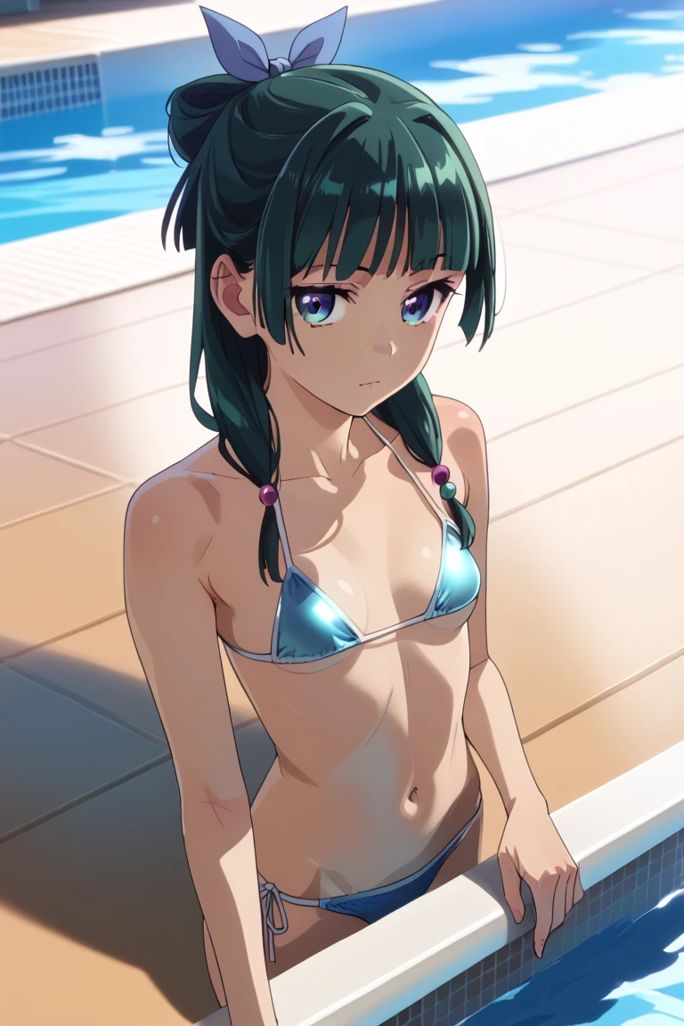 1girl, default hairstyle, hair bun, hair ribbon, blue ribbon, sidelocks, blunt bangs, hair beads, half updo, low twintails, hair over shoulder, freckles, small breasts, pale skinned,    dynamic angle, takeda hiromitsu style,   seductive micro bikini, fit slim body, perfect erected breast,((yacht deck with pool)), 