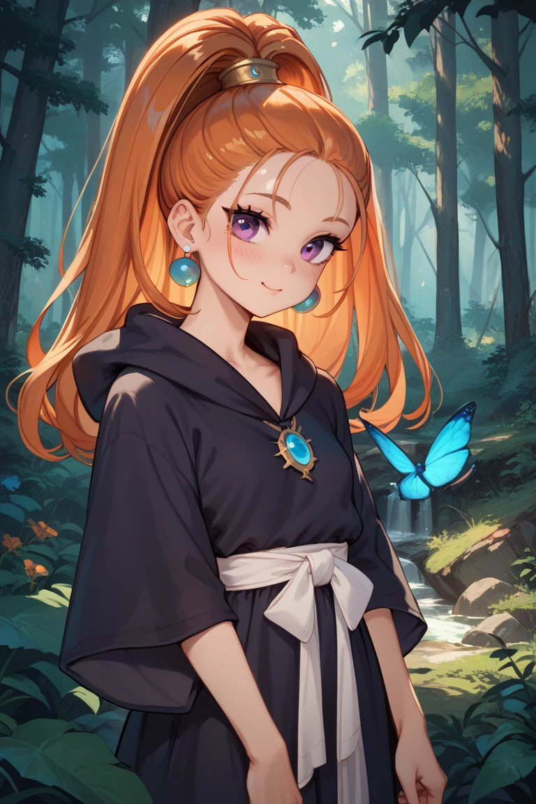 dqbbra, 1girl, orange hair, high ponytail, long hair, purple eyes,  small breast,
earrings, jewelry, cute, NSFW,
witch’s robe, deep forest, 