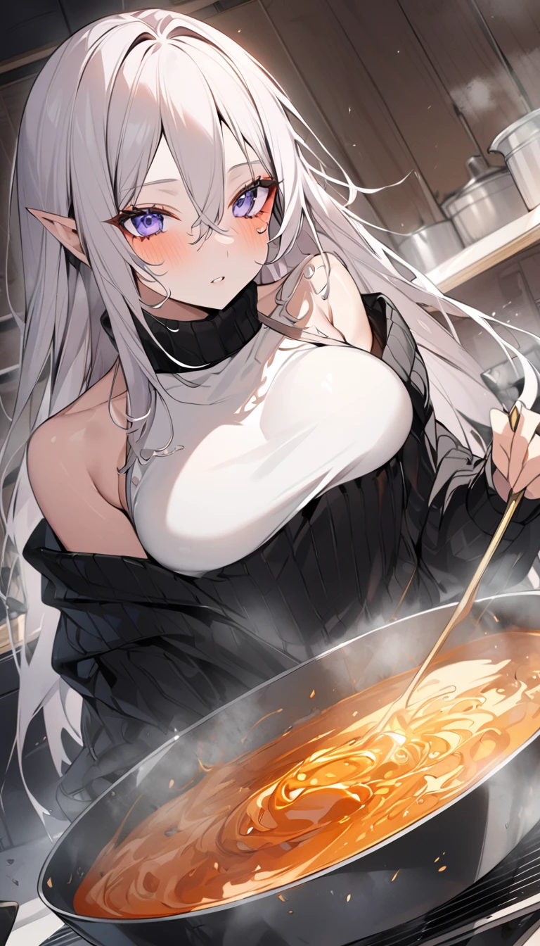 Super detail beautiful elf-girl 25 years old,black turtle neck slevee,in the kitchen,cooking for dinner,cooking soup,Score_9, Score_8_up, Score_7_up, Score_6_up, Score_5_up, Score_4_up, Source_anime, Tag1, Tag2, Quality_masterpiece, Anatomically correct, Beautiful face, Perfect face, Highly detailed beautiful face and eyes, Attractive face, Detailed face, Delicate facial features, Detailed skin, medium breasts, Wide hips,  