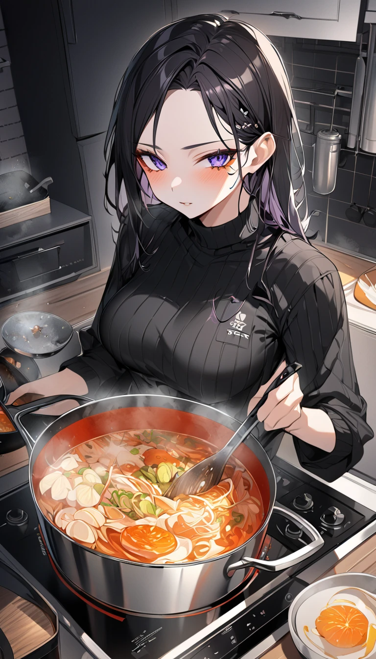 Super detail beautiful elf-girl 25 years old,black turtle neck slevee,in the kitchen,cooking for dinner,cooking soup,Score_9, Score_8_up, Score_7_up, Score_6_up, Score_5_up, Score_4_up, Source_anime, Tag1, Tag2, Quality_masterpiece, Anatomically correct, Beautiful face, Perfect face, Highly detailed beautiful face and eyes, Attractive face, Detailed face, Delicate facial features, Detailed skin, medium breasts, Wide hips,  