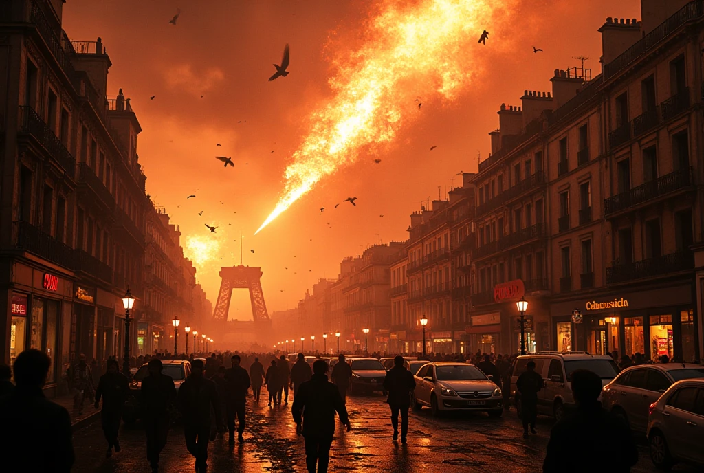 ((masterpiece)) ((photography)) ((Highest quality)) From above, the view shows the chaotic streets of Paris as panic erupts. People are running in fear, some looking up at the meteorite with terror, while others are looting stores, seizing whatever they can. The fiery dust trail of the meteorite stretches across the sky, casting a harsh, apocalyptic glow over the city. The streets are filled with chaos, with overturned cars and broken windows, as the impending disaster turns the city into a scene of panic and lawlessness.