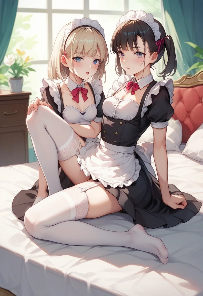 score_9, score_8_up, score_7_up, score_6_up, score_5_up, score_4_up,evaluation_explicit,source_anime, 
BREAK 
Full body image 
BREAK 
Only girls
BREAK
Side view
BREAK
Small breasts、Height:120cm 
BREAK
Long skirt,maid outfit,garter belt,White Stockings,no pants, no underwear
BREAK
羞恥心、 has red cheeks 、恥ずかしい
BREAK
Sitting on the bed, facing forward, provocatively lifting her skirt, raising one knee, spreading her legs, exposing her genitals