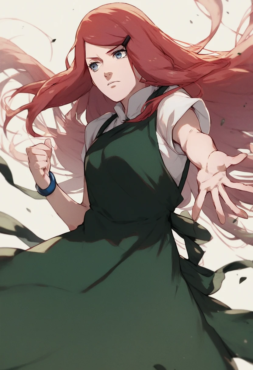 Kushina Uzumaki, long red hair, hair ornament, hairclip, blue eyes, swept bangs, green dress, white shirt, short sleeves, apron, blue bracelet, green apron,
