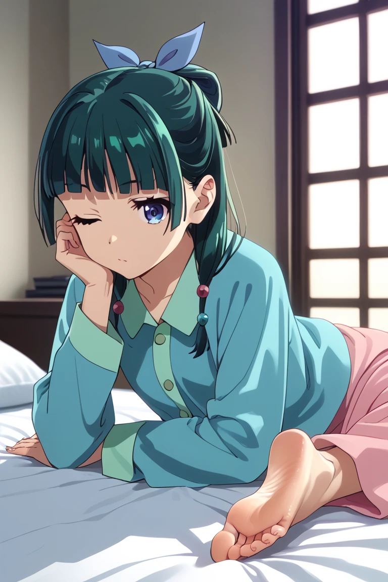 1girl, default hairstyle, hair bun, hair ribbon, blue ribbon, sidelocks, blunt bangs, hair beads, half updo, low twintails, hair over shoulder, small breasts, pale skinned,    dynamic angle, takeda hiromitsu style,        prone, on stomach, lying, the pose, pajamas, feet, soles, barefoot, barefoot, feet, perfect feet, small feet, solo, 1girl, oiled soles, indoors, on bed, wink, side view,