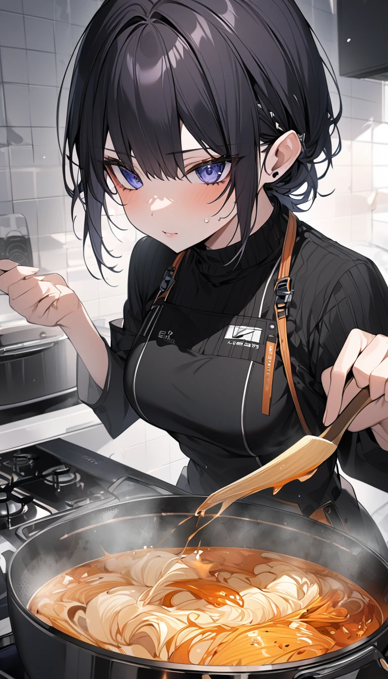 Super detail beautiful elf-girl 25 years old,black turtle neck slevee,in the kitchen,cooking for dinner,cooking soup,Score_9, Score_8_up, Score_7_up, Score_6_up, Score_5_up, Score_4_up, Source_anime, Tag1, Tag2, Quality_masterpiece, Anatomically correct, Beautiful face, Perfect face, Highly detailed beautiful face and eyes, Attractive face, Detailed face, Delicate facial features, Detailed skin, medium breasts, Wide hips, Perfect fingers,