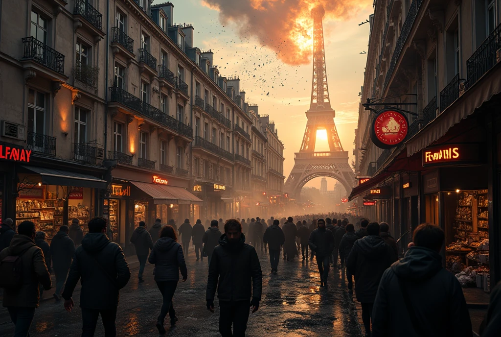 ((masterpiece)) ((photography)) ((Highest quality)) From above, the view shows the chaotic streets of Paris as panic erupts. People are running in fear, some looking up at the meteorite with terror, while others are looting stores, seizing whatever they can. 