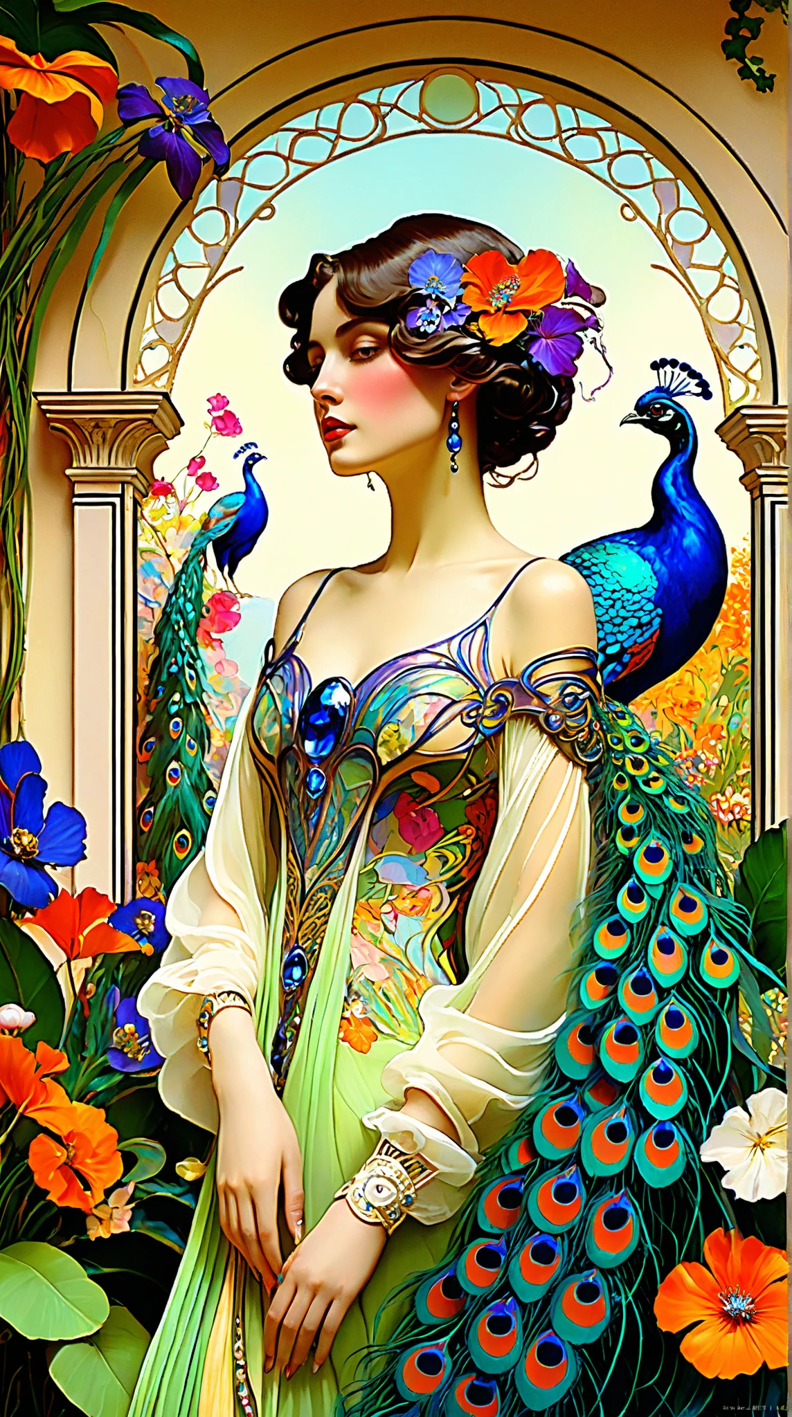 breathtaking Jugendstil scene, Leon Bakst inspired,hot, sexy, dreamy fantasy paradise, vibrant, serialist colorful patterns, Art Nouveau style, lush tropical garden, sprawling florals, peacocks, elegant feminine figures, flowing silk fabrics, glittering jewels, ornate architectural details, exotic birds, realistic high details, impressionist brushstrokes, Gustav Klimt and Alfons Mucha influences