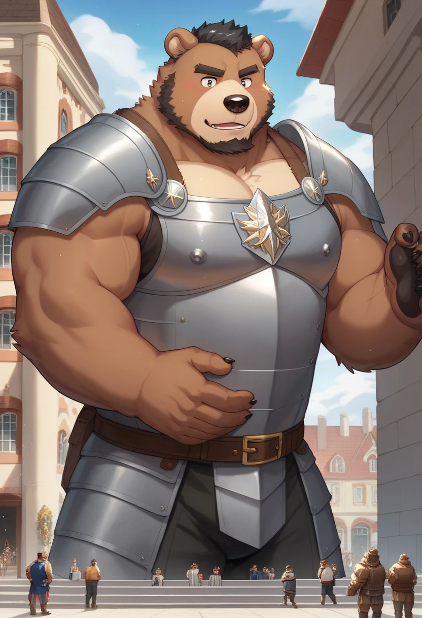 barbarian, brown bear, furry, fur taur, beartaur, middle-age, detailed face, bear ears, bear eyes(brown), bear nose(black), garibaldi beard(white), mature hair(white), detailed hands, detailed body belly, muscle belly, chest harness, cloak(shortest), detailed taur body, bear paws