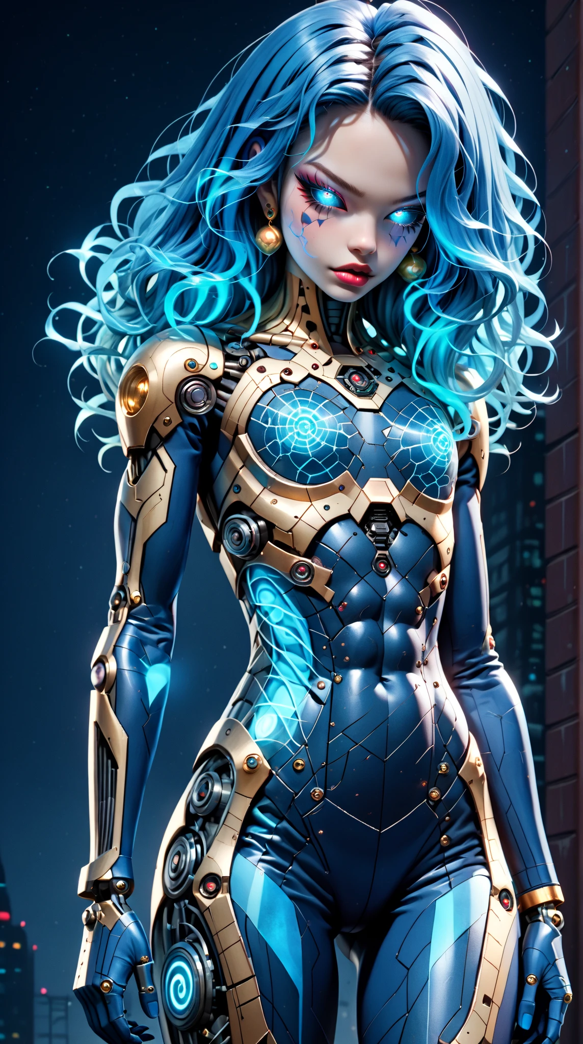 score_9, score_8_up, score_7_up, (full body Shot), (1 girl), (asian), beautiful teenage (skinny) muscular goth cyborg girl, (full Cybernetic bodysuit:1.5), (black sclera:1.5), (blue glowing eyes:1.5), (blue glowing body veins:1.5), (flat chest:1.25), (blue glowing hair:1.25), (beautiful face:1.25), (bodybuilder femboy physique:1.25), (skinny long legs:0.75), (intricate gold filigree:1.25), female time zombie, data encryption cracker,oracle, war scythe,bimbo lips, cowboy shot, cybernetic, mechanoid body parts, exposed cables and circuits, neon lights, gothic neon style, cyber punk style, super realistic image, beautiful digital paint , hyper Realistic illustrations, abyssaltech, CyberRealistic_Negative_PONY-neg,CyberRealistic_Negative_PONY