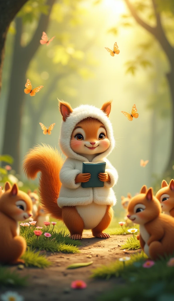 A cute squirrel teacher wearing a fluffy white outfit stands in a magical forest. Around her, many squirrel students gather, engaged in learning. The scene combines realistic details with an anime style, creating a whimsical and enchanting atmosphere.

 warm light shines in。Sparkling。 small and cute butterflies are flying too。Flowers are blooming 。