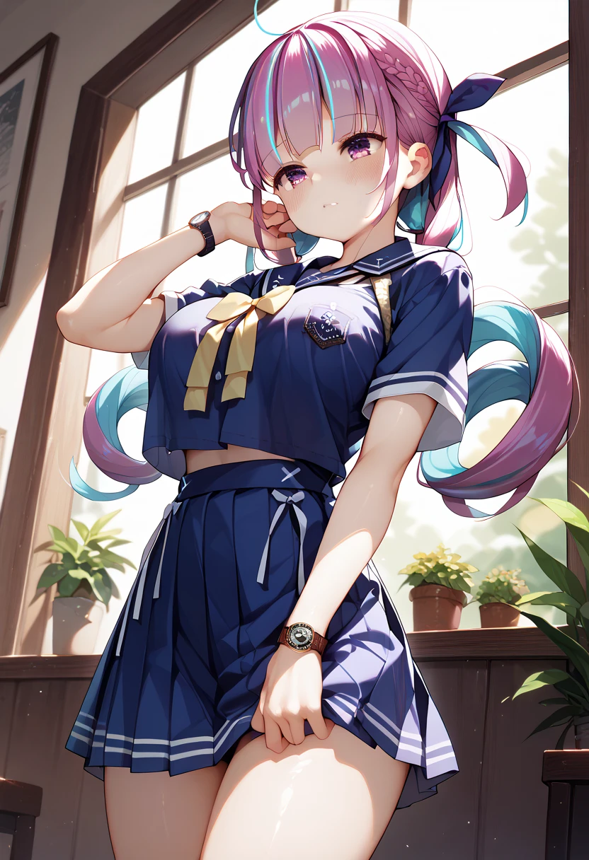 ((Minato Aqua))、(school uniform, short sleeve shirt)、Naughty、H、( boobs)、(Big Breasts)、(blush)、(standing)、sweet skin、( watch viewers)、