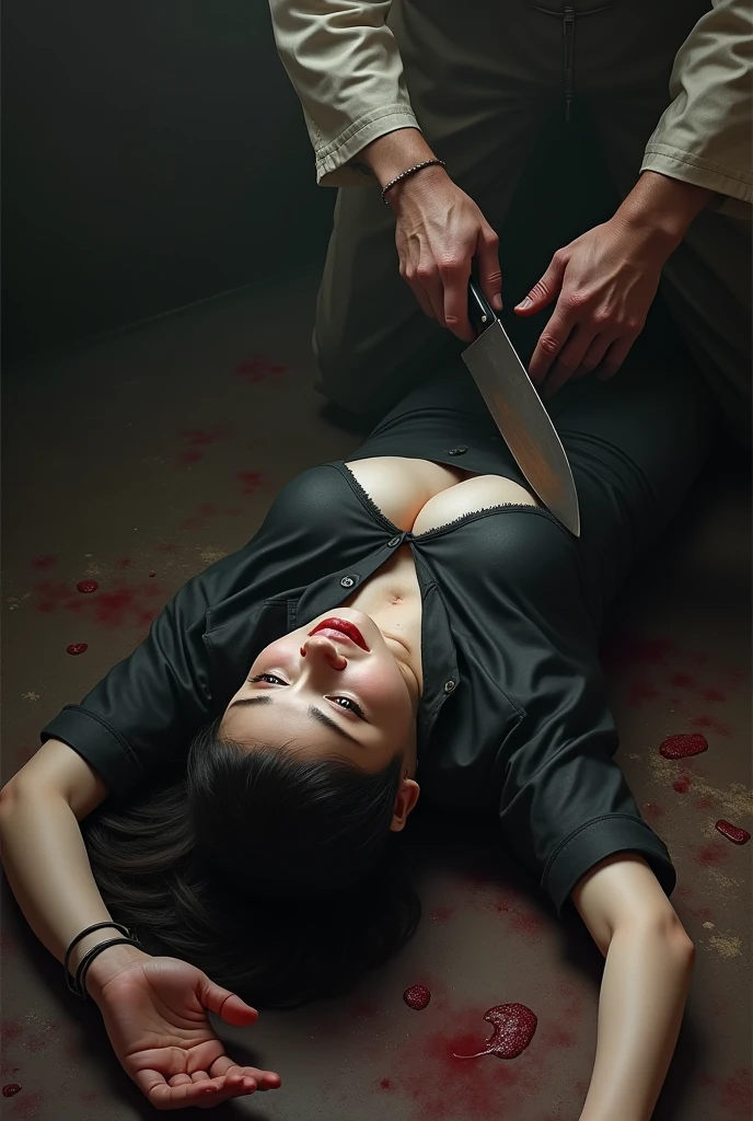 korean girl, very big saggy breasts:1.4, blood splatter, bleeding from wounds, Cuts, slices:1.6, Nipples removed and bleeding:1.6, trickling red ink, carving her own flesh,  blood:1.5, skin cuts:1.5, dripping:1.5, holding knife, stabbing, black gloves, room full of blood, nude, tied up, tied to a wooden pole in a basment, standing up, discomfort, woman holding knife, gaping hole in flesh:1.5, black gloves, behind corpse, short hair, night, mass murderer, robbery, in the hospital, unzipped
